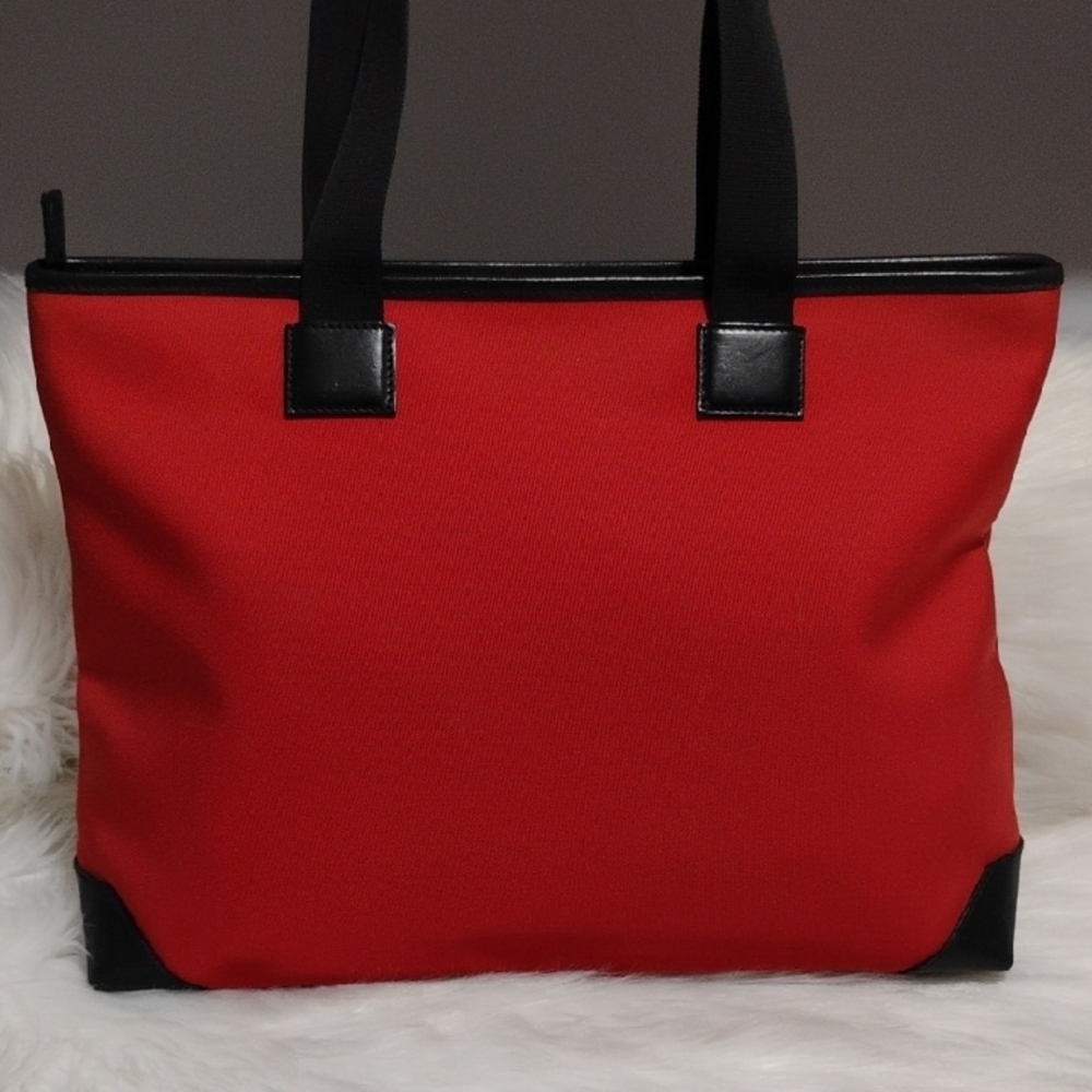 (#2) Authentic Gucci Red Canvas & Black Leather Color Block Tote Bag - Picture 5 of 11